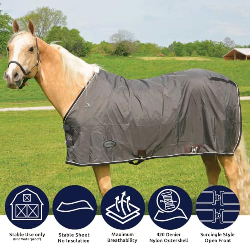Country Pride 420D Nylon Stable Sheet, Breathable Horse Stall Sheet, Fleece Wither Protection, Adjustable Surcingle & Leg Straps, Lightweight Indoor Horse Blanket, Charcoal Grey with Trim 80 Black