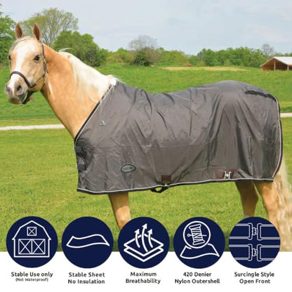 Country Pride 420D Nylon Stable Sheet, Breathable Horse Stall Sheet, Fleece Wither Protection, Adjustable Surcingle & Leg Straps, Lightweight Indoor Horse Blanket, Charcoal Grey with Trim 80 Black