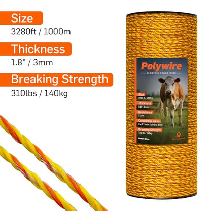 Pet & Livestock HQ - 3280ft Electric Polywire Fence with 5 Mile Charger and 100 Insulators - 3 Product Bundle