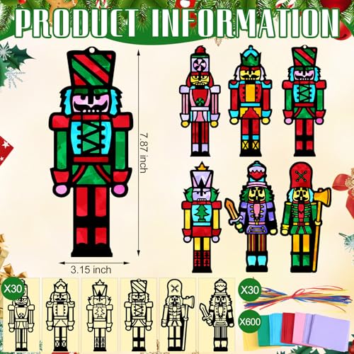 AmazingSpark 30 Pcs Christmas Nutcracker Suncatchers Stained Glass Craft | DIY Paper Crafts with Tissue Sheets for Kids , VBS Classroom Projects, Bulk Art Set for Groups, Xmas Ornament Decor - style: Christmas Nutcracker