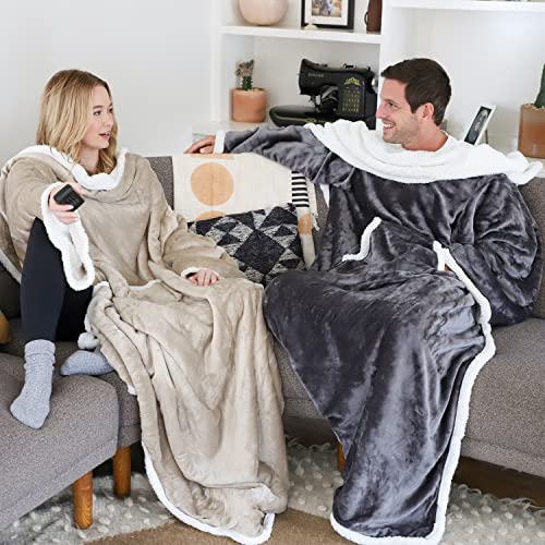 Catalonia Sherpa Wearable Blanket with Sleeves and Pocket for Adults - color: Camel, size: Standard Pocket