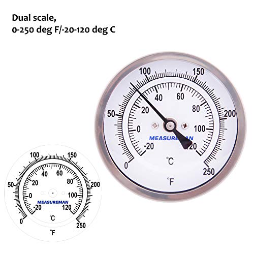 MEASUREMAN Fully Stainless Steel Pot, Kettle, Brewing Bimetal Thermometer, 3" Dial, 2-1/2" Stem, 0-250 deg F/-20-120 deg C, -1% Accuracy, Adjustable, 1/2" NPT Back Mount - size: 3" Dial, 2-1/2" Stem, 0-250 deg F/-20-120 deg C, style: 2-1/2" Stem