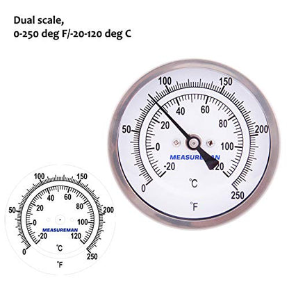 MEASUREMAN Fully Stainless Steel Pot, Kettle, Brewing Bimetal Thermometer, 3" Dial, 2-1/2" Stem, 0-250 deg F/-20-120 deg C, -1% Accuracy, Adjustable, 1/2" NPT Back Mount - size: 3" Dial, 2-1/2" Stem, 0-250 deg F/-20-120 deg C, style: 2-1/2" Stem