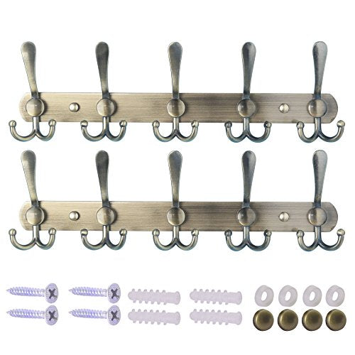 Dseap Wall Mounted Coat Rack - 5 Tri Hooks, Heavy Duty, Stainless Steel, Metal Coat Hook Rail for Coat Hat Towel Purse Robes Mudroom Bathroom Entryway (Bronze, 2 Packs) - color: Bronze, size: L=16" (2 Pcs)