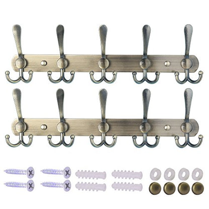 Dseap Wall Mounted Coat Rack - 5 Tri Hooks, Heavy Duty, Stainless Steel, Metal Coat Hook Rail for Coat Hat Towel Purse Robes Mudroom Bathroom Entryway (Bronze, 2 Packs) - color: Bronze, size: L=16" (2 Pcs)