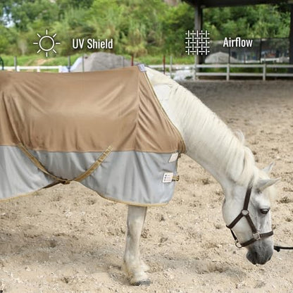 BARN & STABLE Breathable and UV Protective Tear-Resistant Mesh Horse Fly Sheet Comfy Equine Summer Sheet with Removable Web Leg Straps - color: Gold Silver, size: 69 in