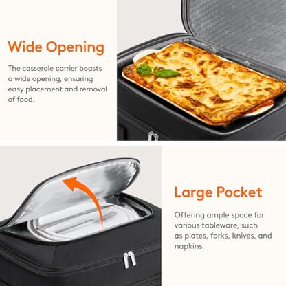 Lifewit Double Decker Casserole Carrier for Hot and Cold Food, Insulated Casserole Dish Carrier Carrying Case with Tool Room, Thermal Bag for Potluck Parties Cookouts Fits 9"×13" Baking Dish, Black - color: Black