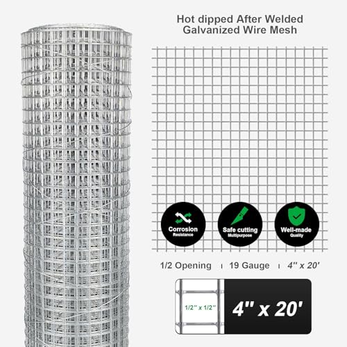 Hardware Cloth 4'' x 20' 1/2 in Galvanized Wire Mesh Roll (19 GA) Chicken Wire Fence Roll for Chicken Pen/coop Fences, Screen mesh, Rabbit/Snake Fences, Poultry enclosures, Handicraft Making, etc. - size: 4In x 20Ft