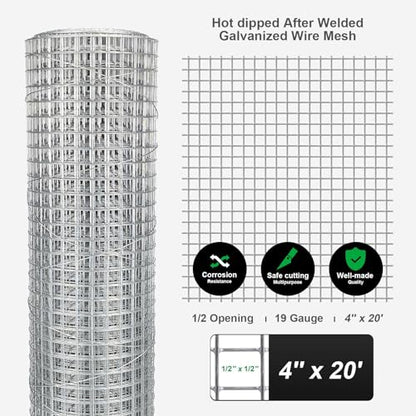 Hardware Cloth 4'' x 20' 1/2 in Galvanized Wire Mesh Roll (19 GA) Chicken Wire Fence Roll for Chicken Pen/coop Fences, Screen mesh, Rabbit/Snake Fences, Poultry enclosures, Handicraft Making, etc. - size: 4In x 20Ft