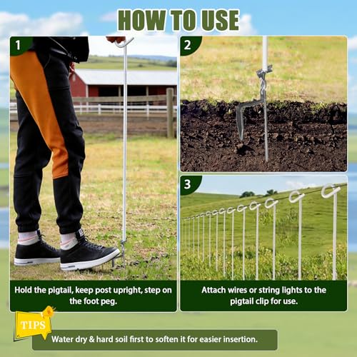 30 Pack Heavy Duty Pig Tail Step in Electric Fence Posts 41" 8mm Steel Farm | Full Insulation Galvanized Steel Portable No Dig Temporary Fence Stakes, Electric Fencing Livestock, Cattle, Horses, Garden
