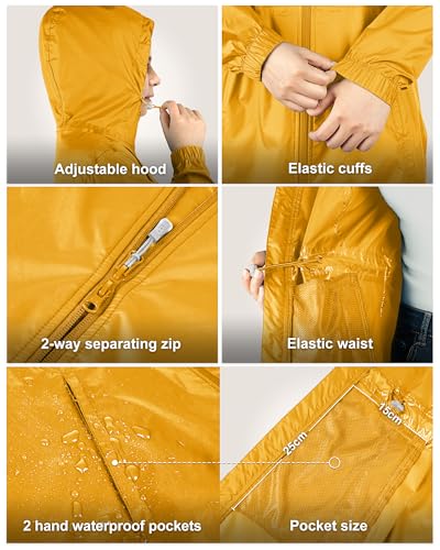 33,000ft Women's Waterproof Long Rain Coats Packable Rain Jacket with Hood - color: Amber Gold, size: Large