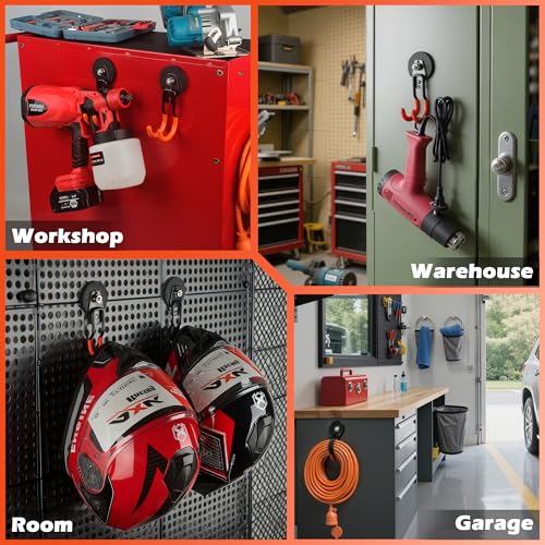 ULIBERMAGNET New Upgraded Garage Strong Magnetic Hooks, 4 Pack Heavy Duty Large J Hooks with Magnet, Anti-Slip Coating Magnet Hooks for Garden Tools, Ropes,Drill - style: V1 PRO 2.59" Medium J Orange 4PC