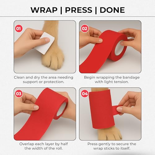 JorVet 4" x 10 Yards Cohesive Bandages for Pets | Self-Adhesive, Easy Tear Wraps for Wound Care |Secure, Individually Wrapped Vet Tape | Brilliant Red | Pack of 12 - size: 4 Inch