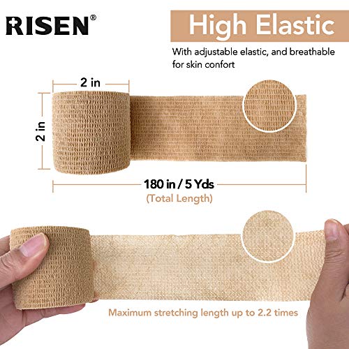 RISEN Cohesive Bandage 2” x 5 Yards, 6 Rolls, Self Adherent Wrap Medical Tape, Adhesive Flexible Breathable First Aid Gauze Ideal for Stretch Athletic (Pack of 2) - color: Tan, size: 6 Count (Pack of 2)