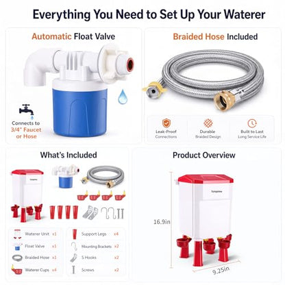 Automatic Chicken Waterer, 2 Gallon with Float Valve, 4 Cups