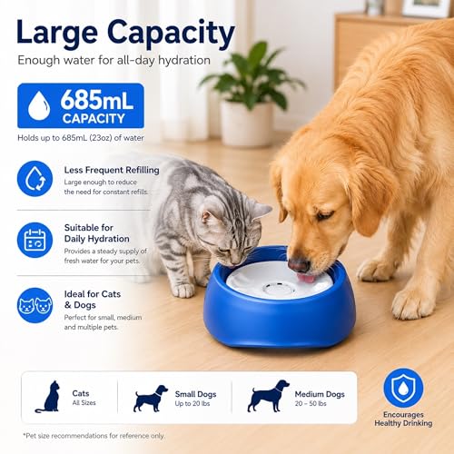 Blue No Spill Dog Water Bowl, Pet Floating Water Bowl No Wet Mouth, Anti Splash & Anti Tip Slow Water Feeder, Keeps Fur Dry Clean Drinking Bowl for Dogs & Cats, Large Capacity Travel Friendly - color: Blue, White