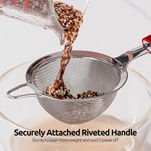 18/8 Stainless Steel Mesh Strainer: U-Taste 3.9 Inch Kitchen Fine Mesh Sieve Food Colander with Riveted Sturdy Silicone Handle and 30 Mesh Hole for Straining Flour, Quinoa, Tea, Juice (Red) - color: (4) Red, size: Small (3.9 x 11.1 in)