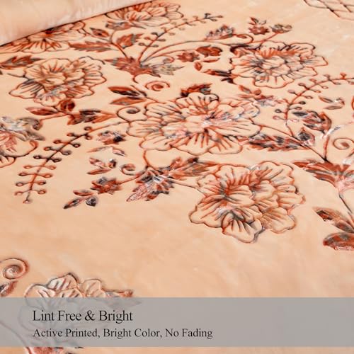 JML Raschel Fleece Blanket Heavy, 11 lbs, 87"x94", Flowers Branches Beige | Korean-style, 2 Ply, A&B Printed, 1 Side Embossed, Cozy Thick Warm for Winter - color: Flowers Branches Beige