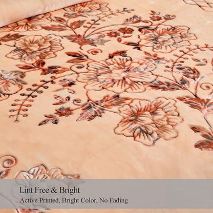 JML Raschel Fleece Blanket Heavy, 11 lbs, 87"x94", Flowers Branches Beige | Korean-style, 2 Ply, A&B Printed, 1 Side Embossed, Cozy Thick Warm for Winter - color: Flowers Branches Beige