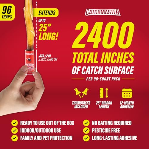 Catchmaster Fly Ribbon 96-Pack, Bug & Fly Traps Outdoor and Indoor, Premium Adhesive Sticky Fly Strips & Gnat Hanging Strips, Bulk Flying Insect Paper Rolls, Pesticide-Free Home Pest Control - style: 96 Pack