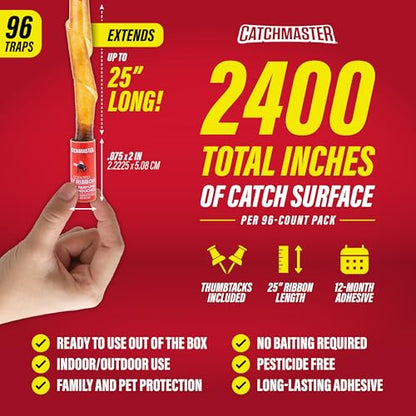 Catchmaster Fly Ribbon 96-Pack, Bug & Fly Traps Outdoor and Indoor, Premium Adhesive Sticky Fly Strips & Gnat Hanging Strips, Bulk Flying Insect Paper Rolls, Pesticide-Free Home Pest Control - style: 96 Pack