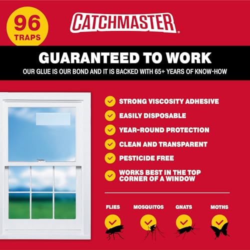 Catchmaster Window Fly Traps 96-Pack, Fruit Fly Traps for Indoors, Disposable Bulk Bug Catcher, Waterproof Insect Glue Trap, Adhesive Strips, Pest Control for Home, Kitchen, & Garage - size: 96 Standard Traps
