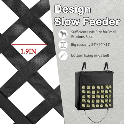 1Pcs Hay Bag for Horse,Slow Feed Bag Heavy Duty 1200D Oxford Fabric Hay Bag with Front Hay Nets Design and Zipper Large Top Load Feeding Bag for Horses and Livestock,24x11x24 Inch,Black