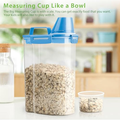 Viretec Rice Airtight Storage Container, 3 to 5Lbs Cereal Dry Food Flour Bin, Pet Dog Cat Food Dispenser with Measuring Cup, BPA Free Clear Plastic Kitchen and Pantry Organization Bin for Sugar, Pasta - color: 3L/Blue