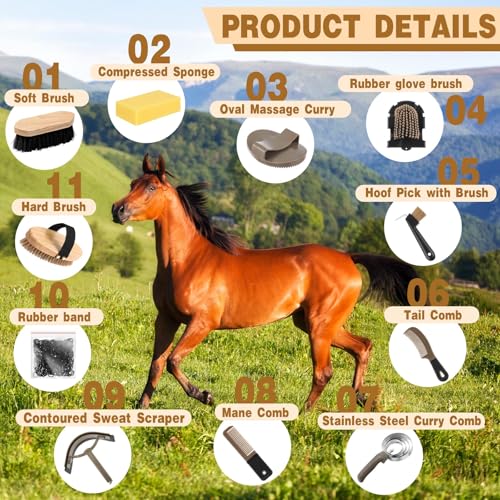 Abbylike 12 Pieces Horse Grooming Kit Equine Care Brushes, Dark Gray - color: Dark Gray