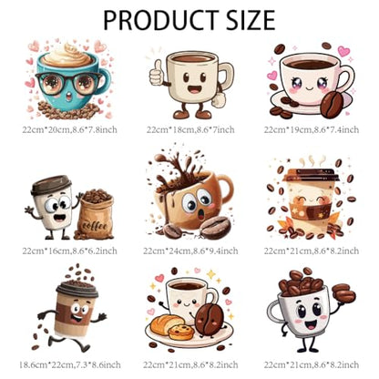 arricraft 9 Sheets Fun and Cute Coffee Iron on Decals Patches, Anthropomorphic Coffee Love Glasses Coffee Beans Transfer Stickers PET Washable Patches for DIY Clothes Decor, 8.66 inch(22cm) Long - style: Fun and Cute Coffee Theme