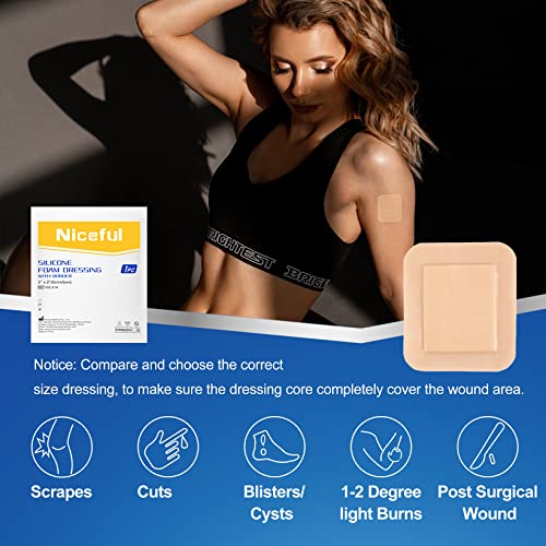 Niceful Silicone Foam Dressing Gentle Border 2"x2" 20 Count, Extra Hold | Gentle Border Foam Bandage, 5-Layer Absorption, Waterproof Pain-Free Removal, Cuts & Mild Burns, 20 Individually Wrapped - size: 2x2 Inch (20 Pcs)
