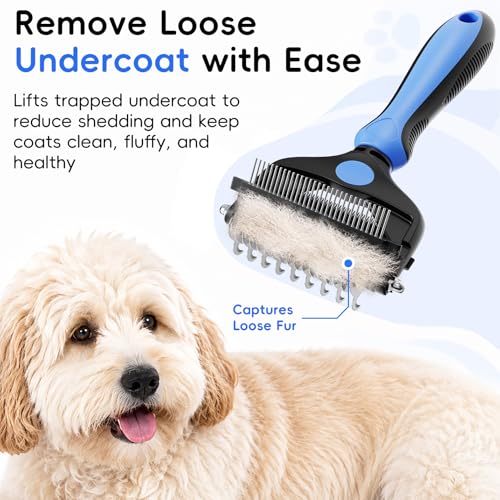 3-in-1 Professional Pet Grooming Brush for Dogs & Cats – Dematting Comb, Undercoat Rake & Deshedding Tool for Long & Short Hair, Heavy Shedding & Matted Fur (Blue)