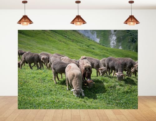 7x5ft Horned Wool Sheep Herd Backdrop Green Alpine Meadow Wild Yellow Flower Photography Background Tapestry Party Mountain Wildlife Scenery Decorations Banner Photo Booth Props - size: 7x5ft
