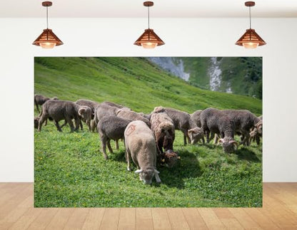 5x4ft Horned Wool Sheep Herd Backdrop Green Alpine Meadow Wild Yellow Flower Photography Background Tapestry Party Mountain Wildlife Scenery Decorations Banner Photo Booth Props - size: 5x4ft