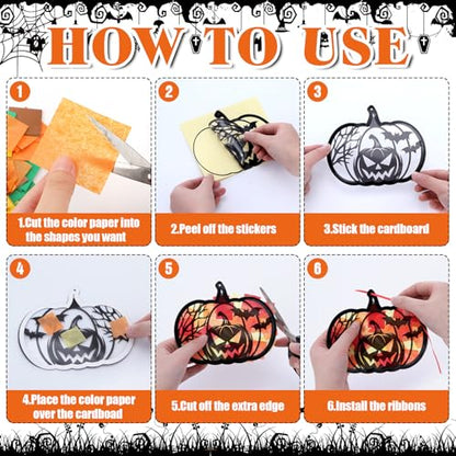 AmazingSpark 30 Pcs Halloween Pumpkin Suncatcher Craft Kit Tissue Paper DIY | 6 Spooky Designs Bat Ghost House, Stained Glass Effect for Classroom Party Activities, Bulk Art Projects, Hanging Included - style: Halloween