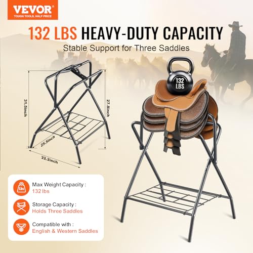 VEVOR Folding Saddle Rack, Freestanding Horse Saddle Stand, Portable Horse Blanket Holder, Heavy Duty Steel Saddle Rack for English & Western Saddles, Tack Storage, 28 x 19 x 37.5 in, Black - style: Folding Saddle Rack-1 Pcs