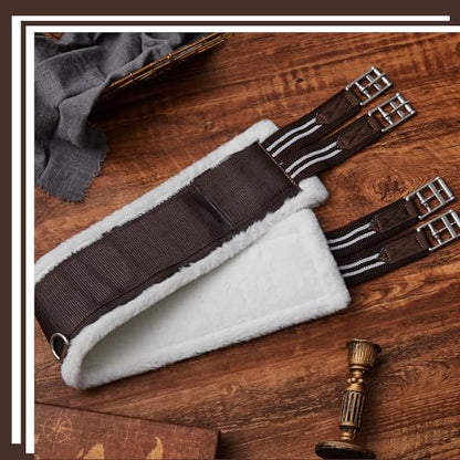 Brown English Girth for Horses Sizes 44-52 Inch Fleece Padded Dressage Girth for English Saddle, Horse Competitions Riding, Double Elastic and Stainless Steel Buckles - size: 52 Inch