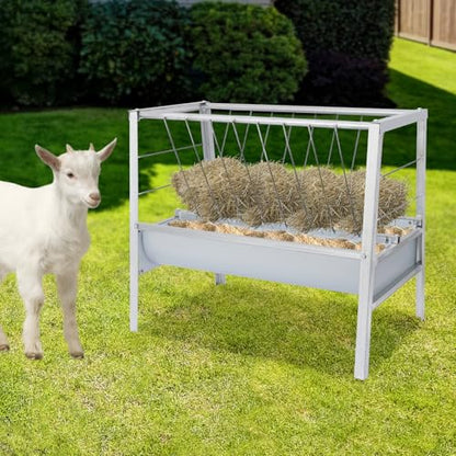 Hay Feeder, Livestock Feed Trough with 2-in-1 Hay and Grain Feeder, Heavy Duty Steel Frame and Deeper Pan Hay Rack, Feeding Station for Sheep, Calf, Cow, Horse, Goats for Pasture, Farm (White) - color: White