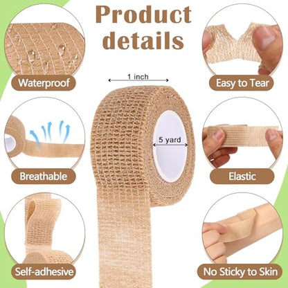 Treela 48 Pack Self Adhesive Wrap Bandage, Nude Color, 1 Inch x 5 Yards | Cohesive Elastic Athletic Tape for Sports Wrist Ankle, Breathable Wound Wrap for Vet Use, Self Adherent Wound Tape Bulk