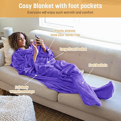Catalonia Wearable Blanket with Sleeves & Foot Pocket for Adults - color: Purple, size: Fleece