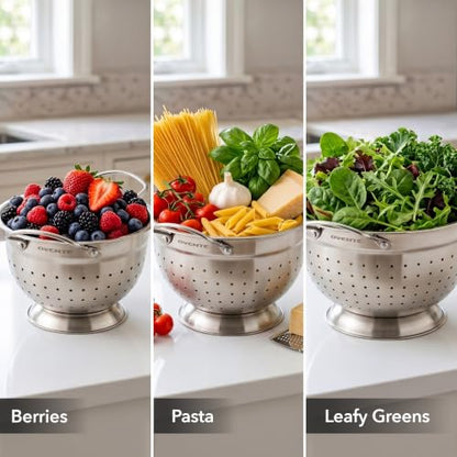 OVENTE Premium Stainless Steel Colander Set of 3, Silver C46263S | Comes with different sizes: 1.5, 3, 5 QT, Comfortable Large Handles, Ideal for draining pasta or Rinsing Vegetables or fruits - size: 5, 3, 1.5 Quarts, style: Colander Set of 3