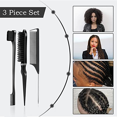 SWEET VIEW 3Pcs Slick Back Hair Brush | Rat Tail Comb, Edge | Bristle Brush, Sleek Ponytail/Bun Smoothing Baby Hair & Flyaways - color: Black