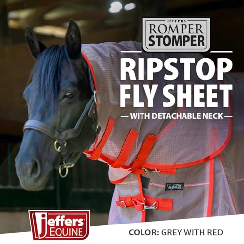 Jeffers Romper Stomper Ripstop Fly Sheet for Horses with Detachable Neck Cover & Belly Flap, 66" - Breathable Lightweight, Horse Tack for Summer Turnout, UV & Fly Protection Sheet - Grey & Red - size: 66"