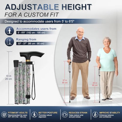 supregear Folding Cane, 5-Level Adjustable Height Walking Stick Lightweight Collapsible Portable Travel Cane with Wrist Strap and T Handle for Elderly Disabled Men Women - color: Grass Green