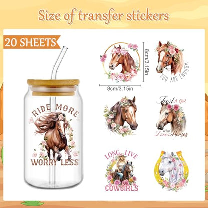 Rngmsi UV DTF Cup Wrap - 20 Sheets Horse UVDTF Cup Wraps for 16 oz Glass Cups, Waterproof Western Decals for Mugs Water Botters, Flower Rub on Transfer Stickers, DIY Crafts - style: Horse