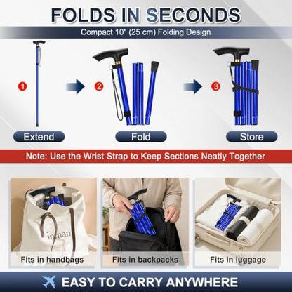 supregear Folding Cane, 5-Level Adjustable Height Walking Stick Lightweight Collapsible Portable Travel Cane with Wrist Strap and T Handle for Elderly Disabled Men Women - color: Dark Blue
