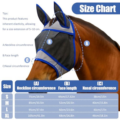 Horse Fly Mask with Ears – Breathable Mesh Fly Masks for Horses,Blue Trim, All-Day Protection(Blue,M) - size: M