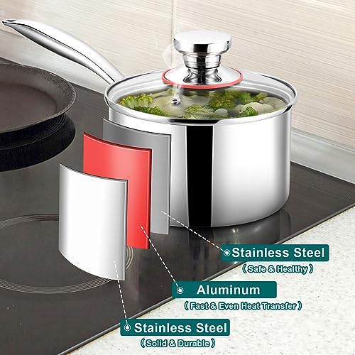 TeamFar 3qt Saucepan with Lid, Stainless Steel Tri-Ply Sauce Milk Pan - size: 3QT