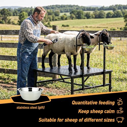 Goat Milking Stand,1000LBS Metal Goat Stand with Feed Bin,Headpiece, Livestock Trimming Stand with Adjustable Height 15.7" to 25.6", Dual-Table Design Sheep Stand for Goats and Lambs, Black