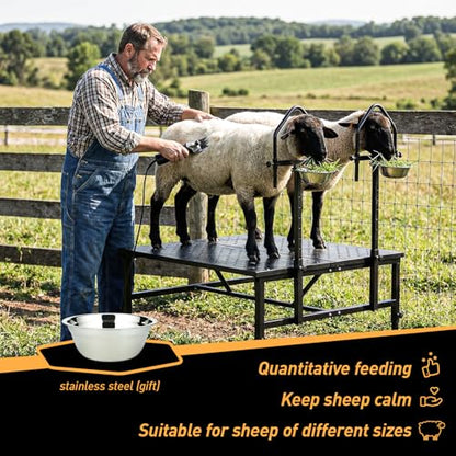 Goat Milking Stand,1000LBS Metal Goat Stand with Feed Bin,Headpiece, Livestock Trimming Stand with Adjustable Height 15.7" to 25.6", Dual-Table Design Sheep Stand for Goats and Lambs, Black